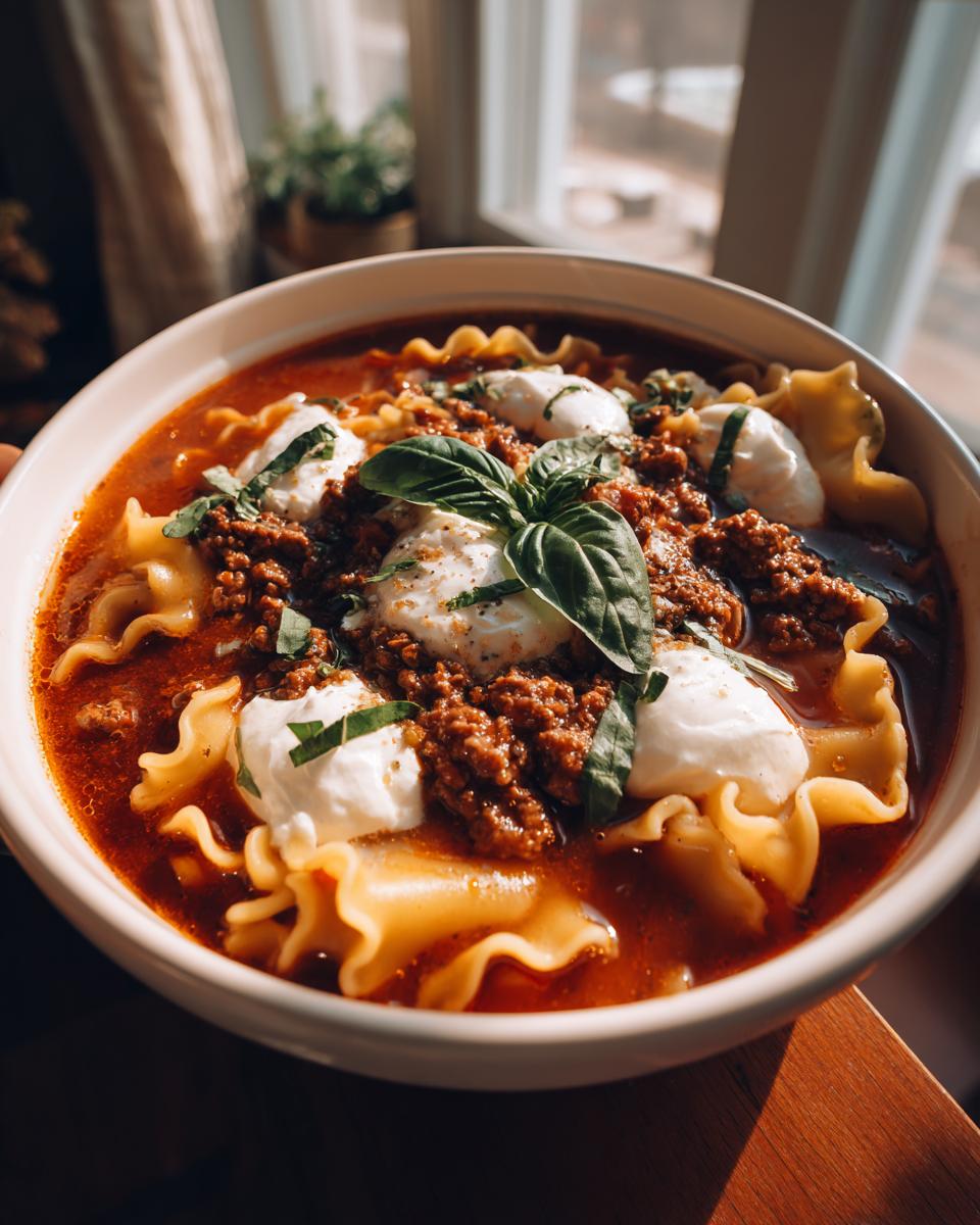 A bowl of classic lasagna soup with ruffled pasta, seasoned ground beef, dollops of ricotta, and fresh basil.