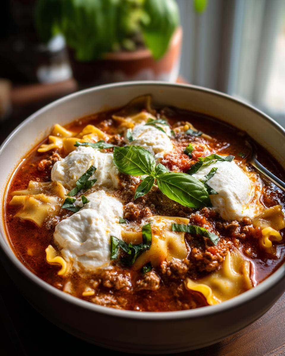 A comforting bowl of Classic Lasagna Soup with pasta, meat sauce, dollops of ricotta cheese, and fresh basil.