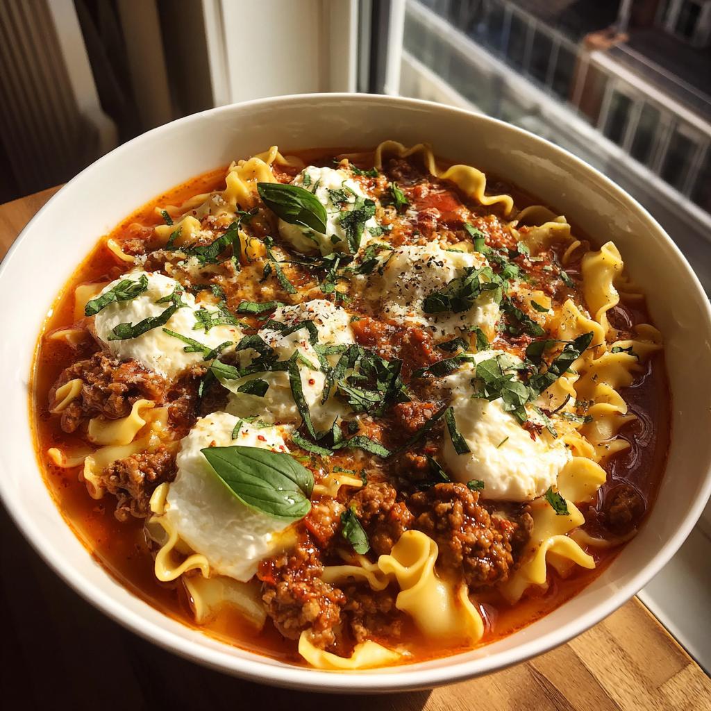 A bowl of classic lasagna soup with ruffled pasta, rich meat sauce, dollops of ricotta, and fresh basil.