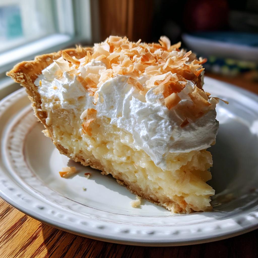 A delicious slice of coconut cream pie, topped with whipped cream and toasted coconut flakes, perfect for holiday tables.