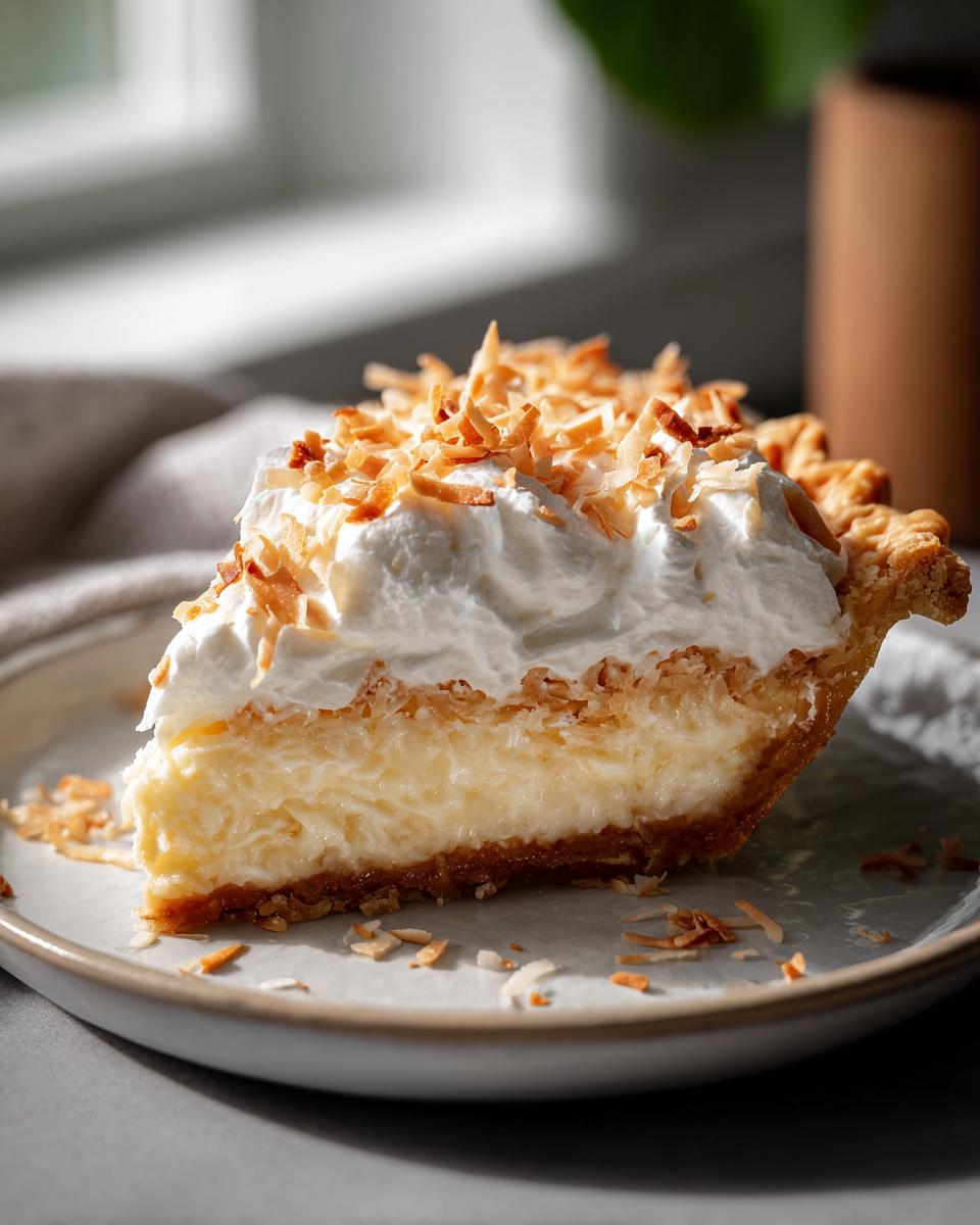 A delicious slice of coconut cream pie, topped with whipped cream and toasted coconut flakes, perfect for holiday dessert recipes.