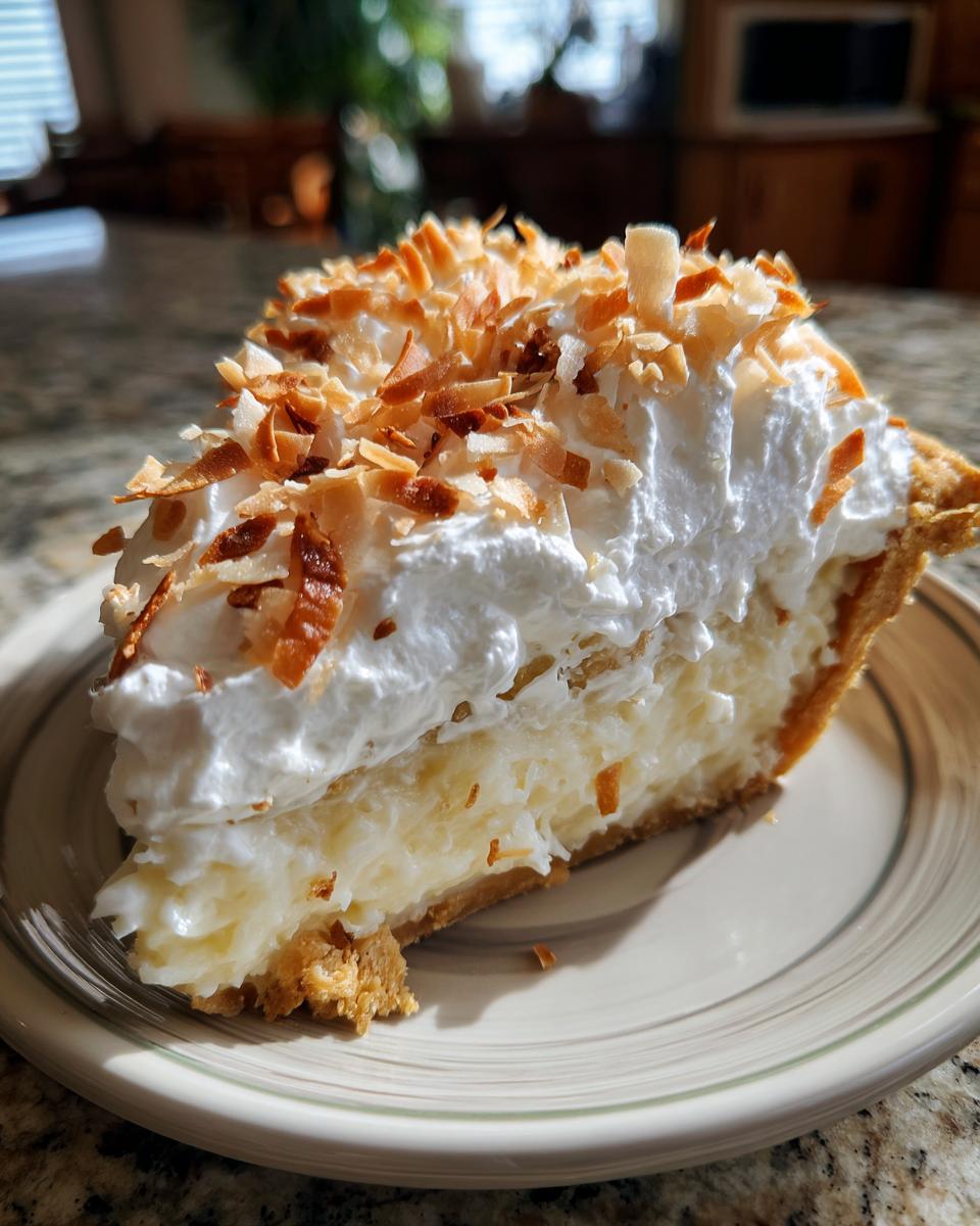 A slice of delicious Coconut Cream Pie, topped with whipped cream and toasted coconut flakes, perfect for holiday dessert recipes.