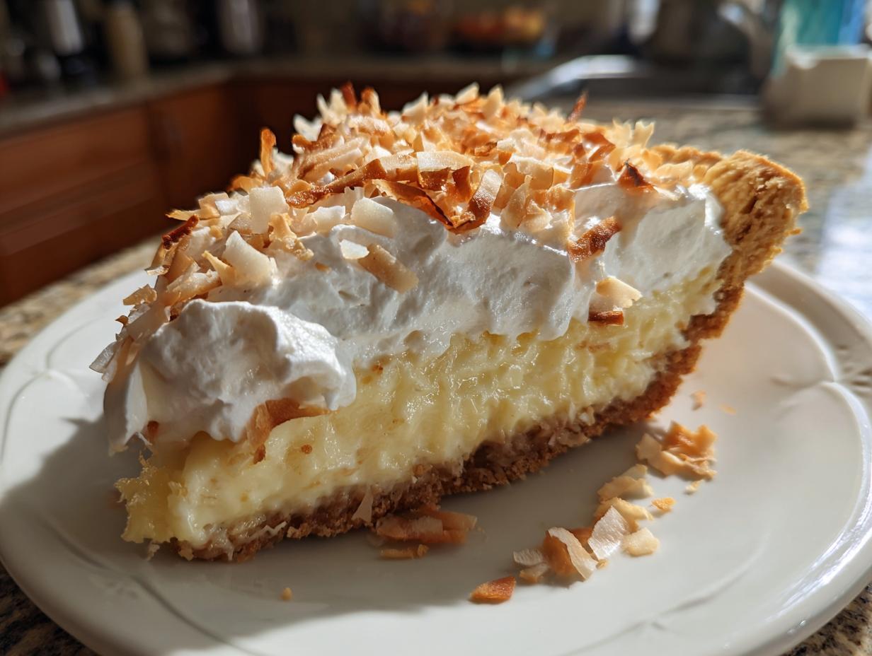 A generous slice of coconut cream pie, topped with whipped cream and toasted coconut flakes.