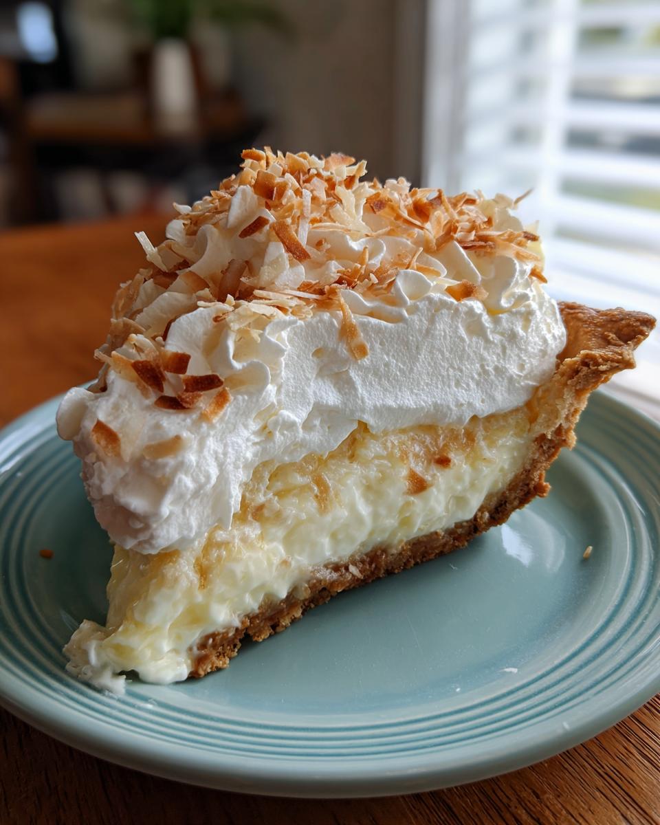 A decadent slice of coconut cream pie, topped with whipped cream and toasted coconut flakes.