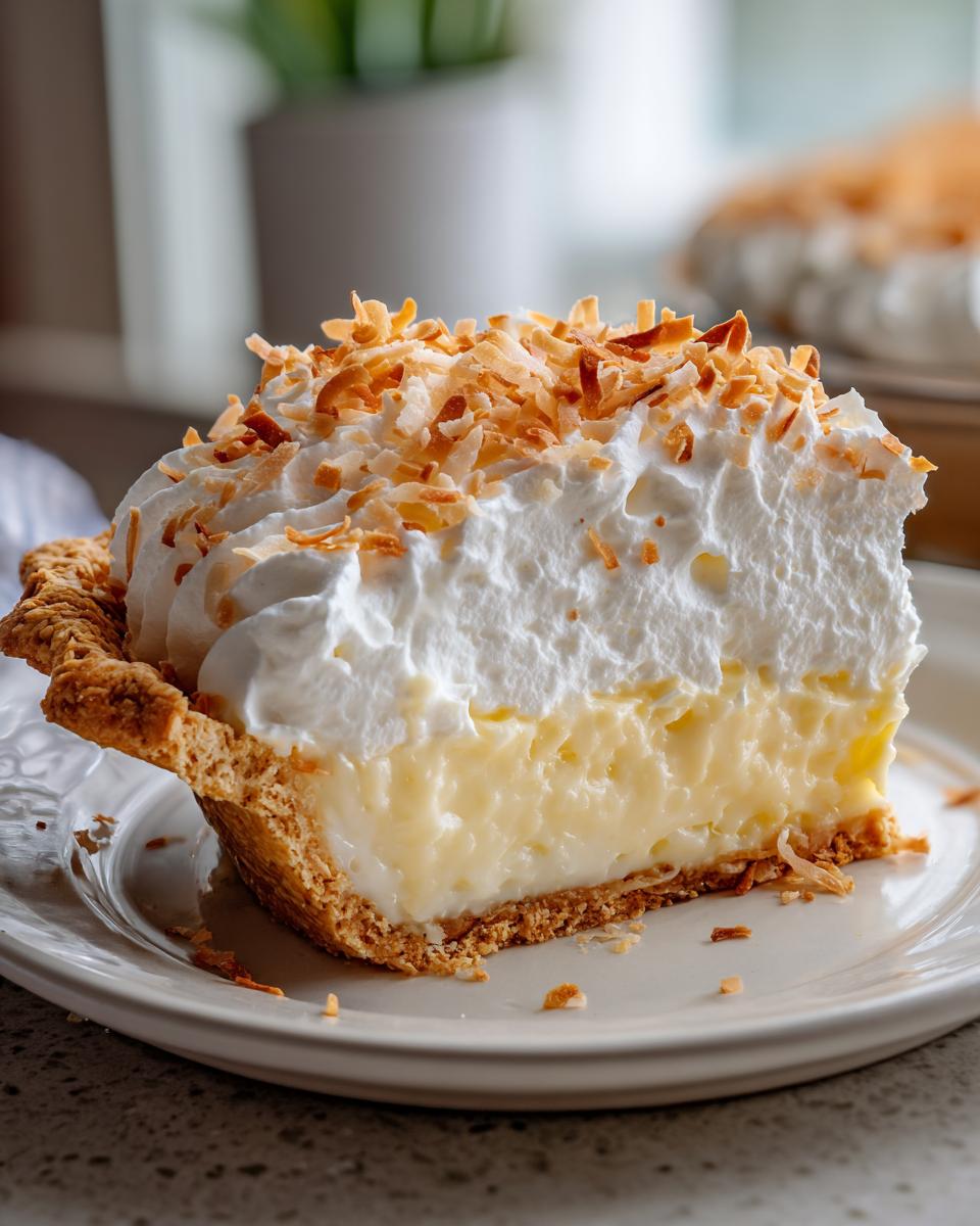 A generous slice of coconut cream pie, featuring a creamy filling, whipped cream topping, and toasted coconut flakes.