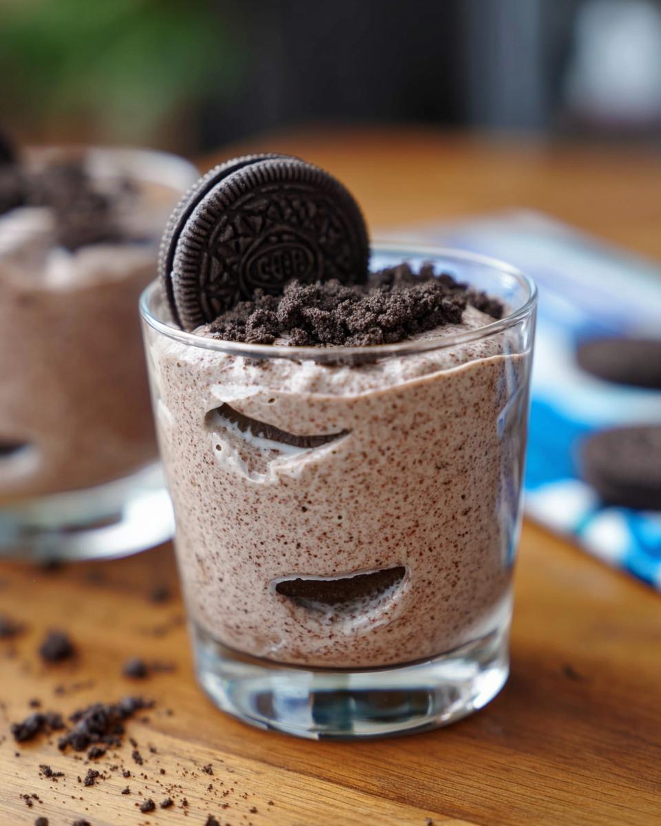 A close-up of a glass filled with creamy Cookies and Cream Mousse, topped with crushed Oreos and a whole Oreo cookie.