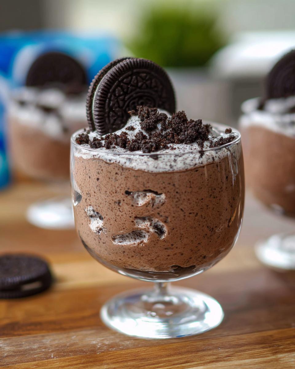A close-up of a glass filled with creamy Cookies and Cream Mousse, topped with whipped cream, crushed Oreos, and a whole Oreo cookie.