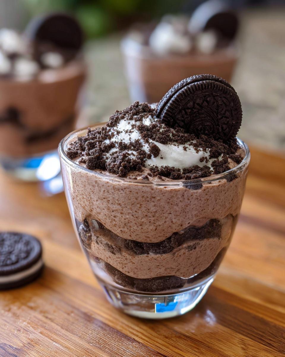 A close-up of a glass filled with layered Cookies and Cream Mousse, topped with whipped cream, crushed cookies, and an Oreo cookie.