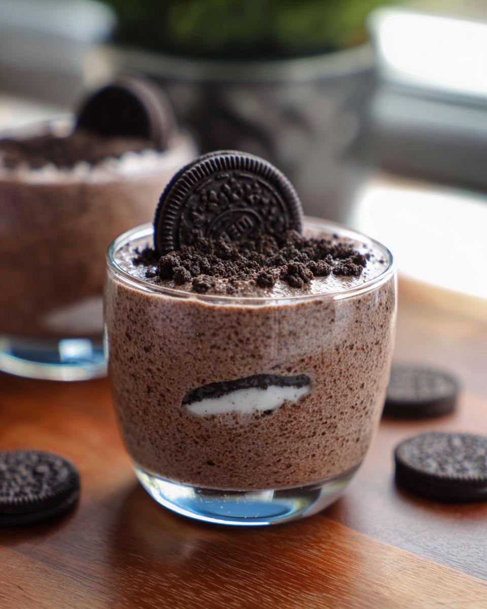 A glass of creamy Cookies and Cream Mousse topped with crushed Oreos and a whole Oreo cookie.