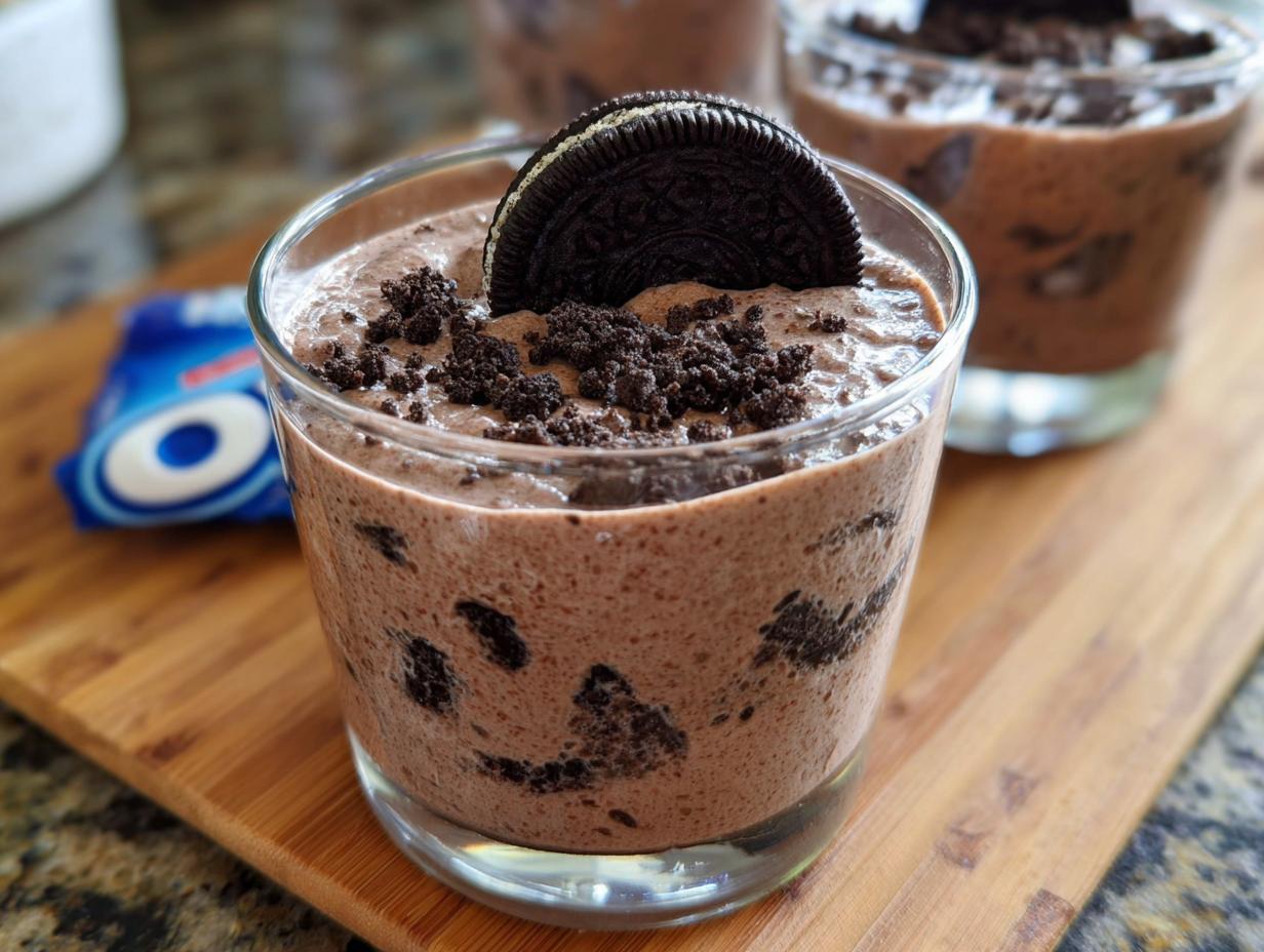 A glass of delicious Cookies and Cream Mousse, topped with crushed Oreos and a whole Oreo cookie.