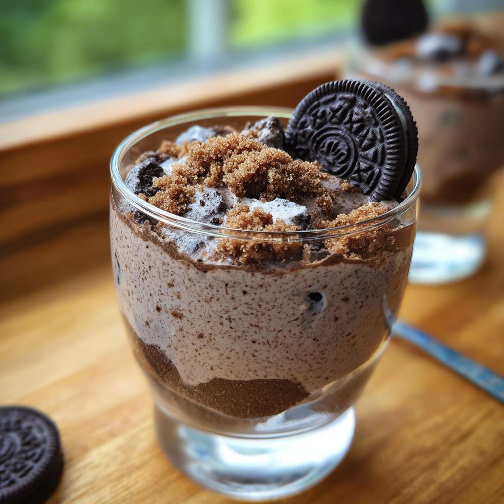A close-up of a glass filled with creamy Cookies and Cream Mousse, topped with crushed cookies and a whole cookie.