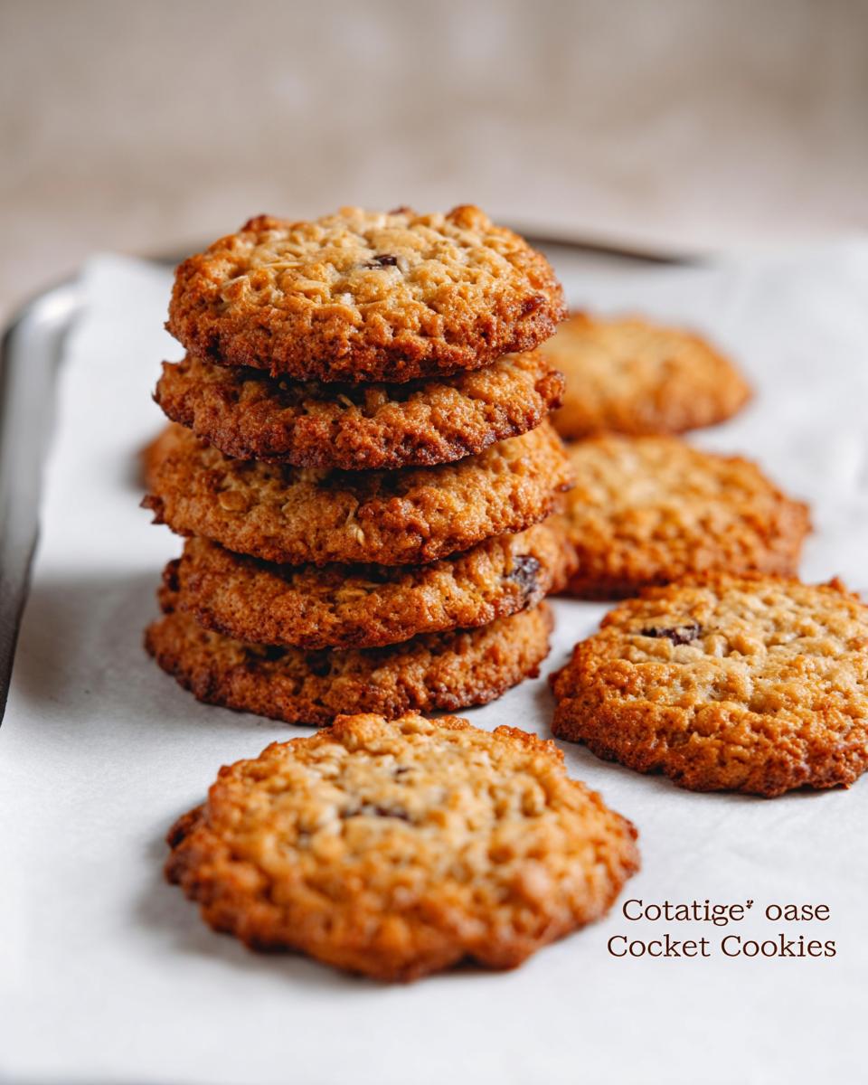 A stack of golden brown cottage cheese oatmeal cookies with visible oats and raisins.