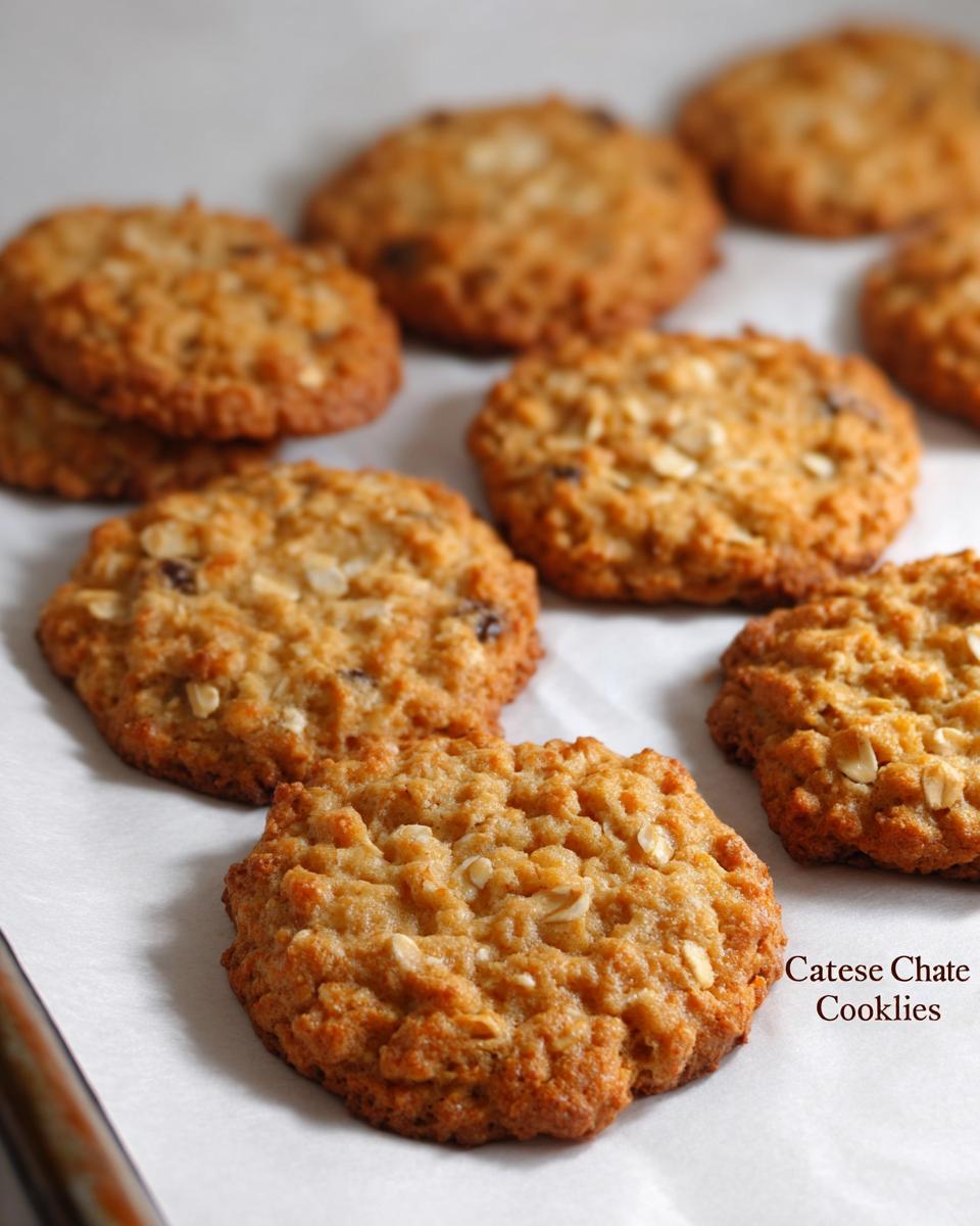 A close-up shot of freshly baked cottage cheese oatmeal cookies on a baking sheet.