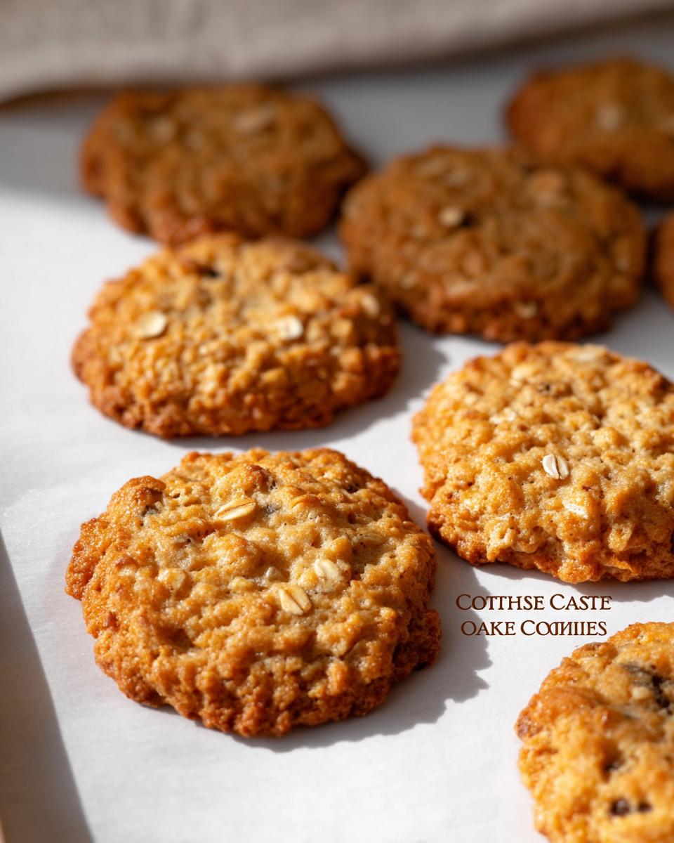 Close-up of freshly baked Cottage Cheese Oatmeal Cookies, showing oats and a golden-brown texture.