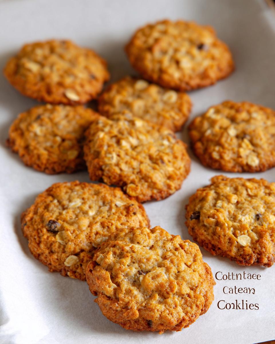 A batch of golden-brown cottage cheese oatmeal cookies with visible oats and raisins.
