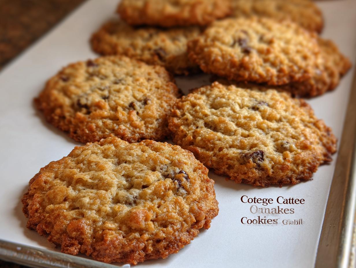 A close-up of freshly baked cottage cheese oatmeal cookies on a baking sheet, showcasing their golden-brown texture and chocolate chips.