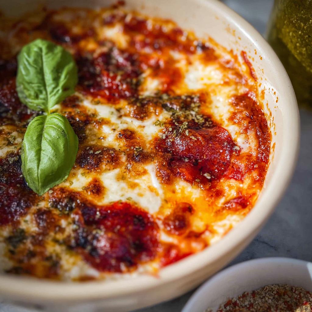 Close-up of a bubbly Cottage Cheese Pizza Bowl with melted cheese, marinara sauce, and fresh basil.