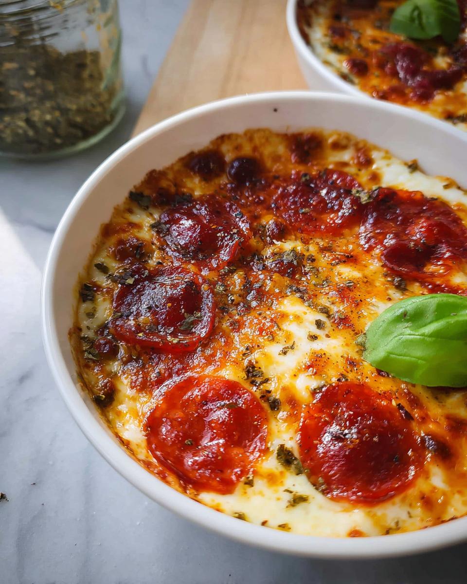 Close-up of a bubbly Cottage Cheese Pizza Bowl topped with melted cheese, pepperoni, and fresh basil.
