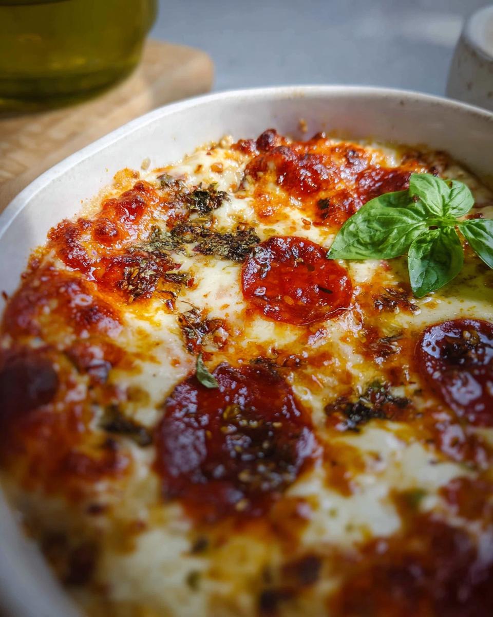 Close-up of a bubbling Cottage Cheese Pizza Bowl topped with melted cheese, pepperoni slices, and fresh basil.