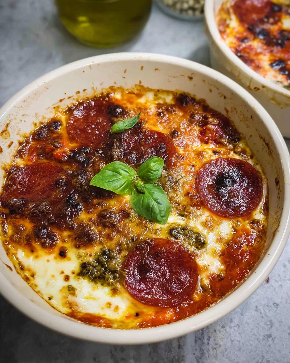 A close-up of a baked Cottage Cheese Pizza Bowl topped with melted cheese, pepperoni slices, and fresh basil.