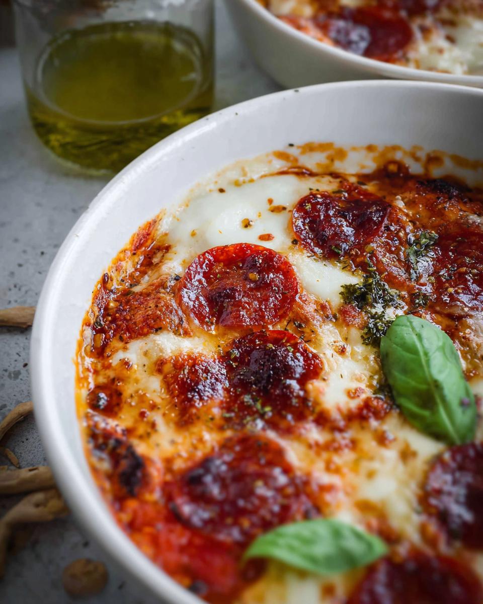 Close-up of a baked Cottage Cheese Pizza Bowl topped with melted cheese, pepperoni, and fresh basil.