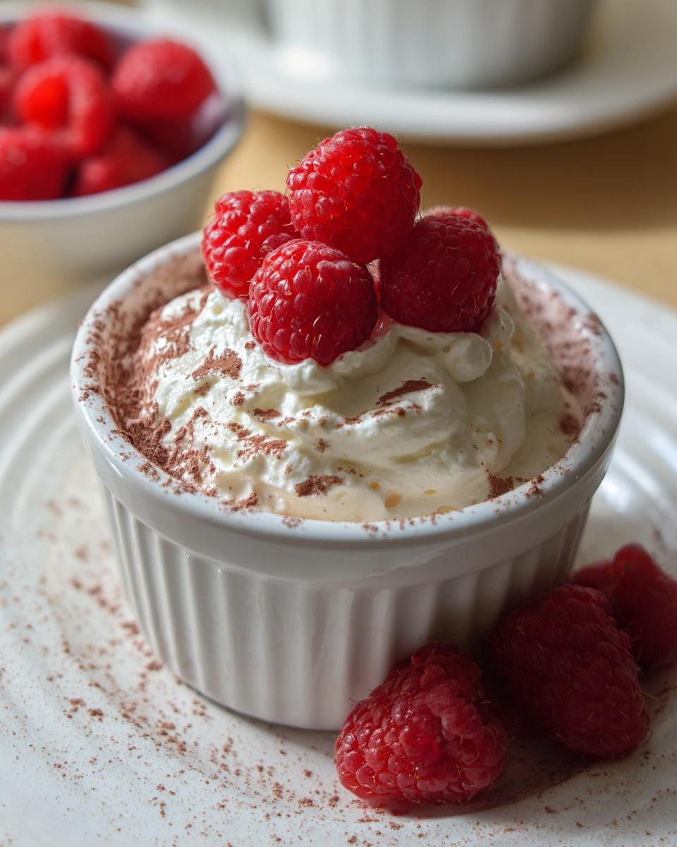 A delightful Cottage Cheese Raspberry Mousse served in a ramekin, topped with whipped cream and fresh raspberries, dusted with cocoa powder.
