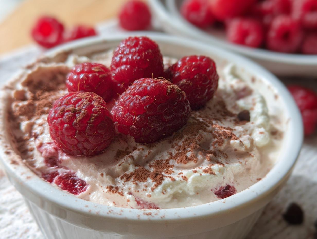 Close-up of Cottage Cheese Raspberry Mousse topped with fresh raspberries and a dusting of cocoa powder.