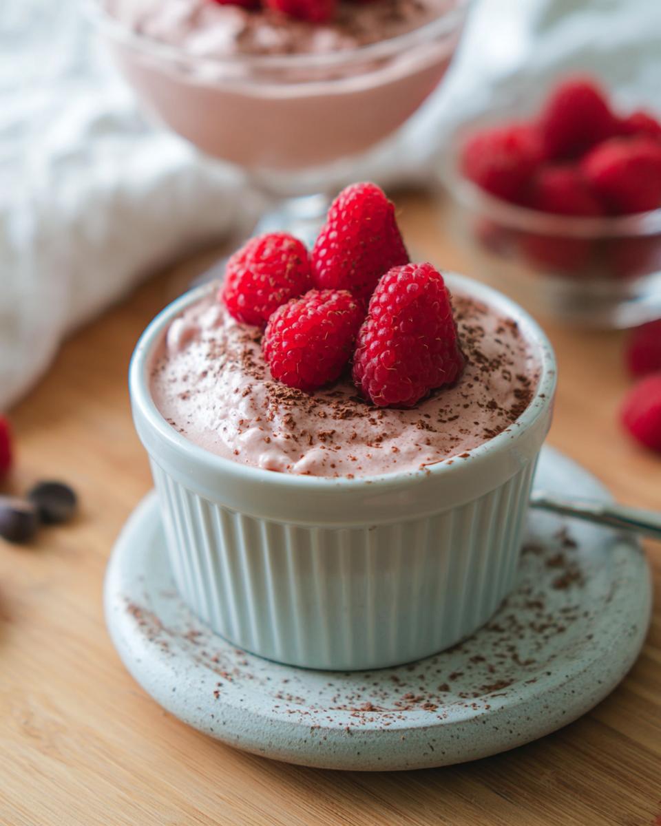 A close-up of Cottage Cheese Raspberry Mousse topped with fresh raspberries and dusted with cocoa powder.