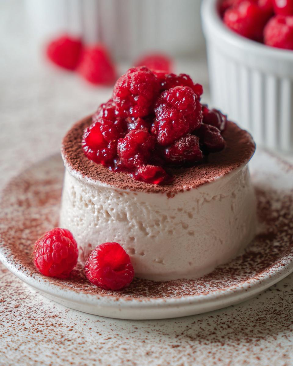 A single serving of Cottage Cheese Raspberry Mousse topped with fresh raspberries and cocoa powder.