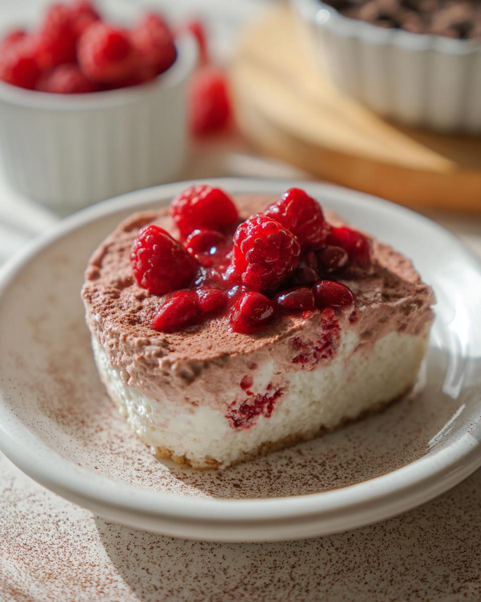 A slice of Cottage Cheese Raspberry Mousse topped with fresh raspberries and cocoa powder.