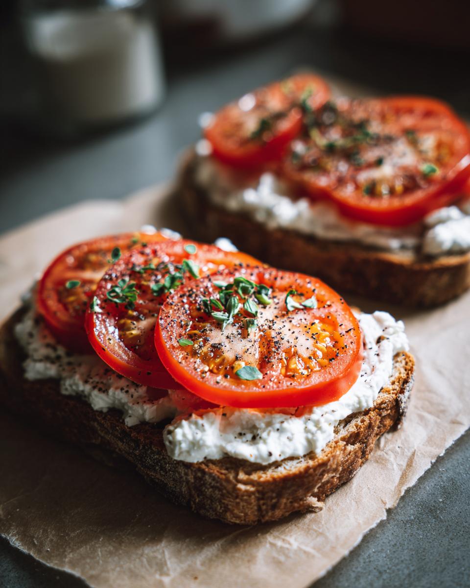 Two slices of healthy cottage cheese toast topped with fresh tomato slices and herbs, a perfect healthy lunch idea.