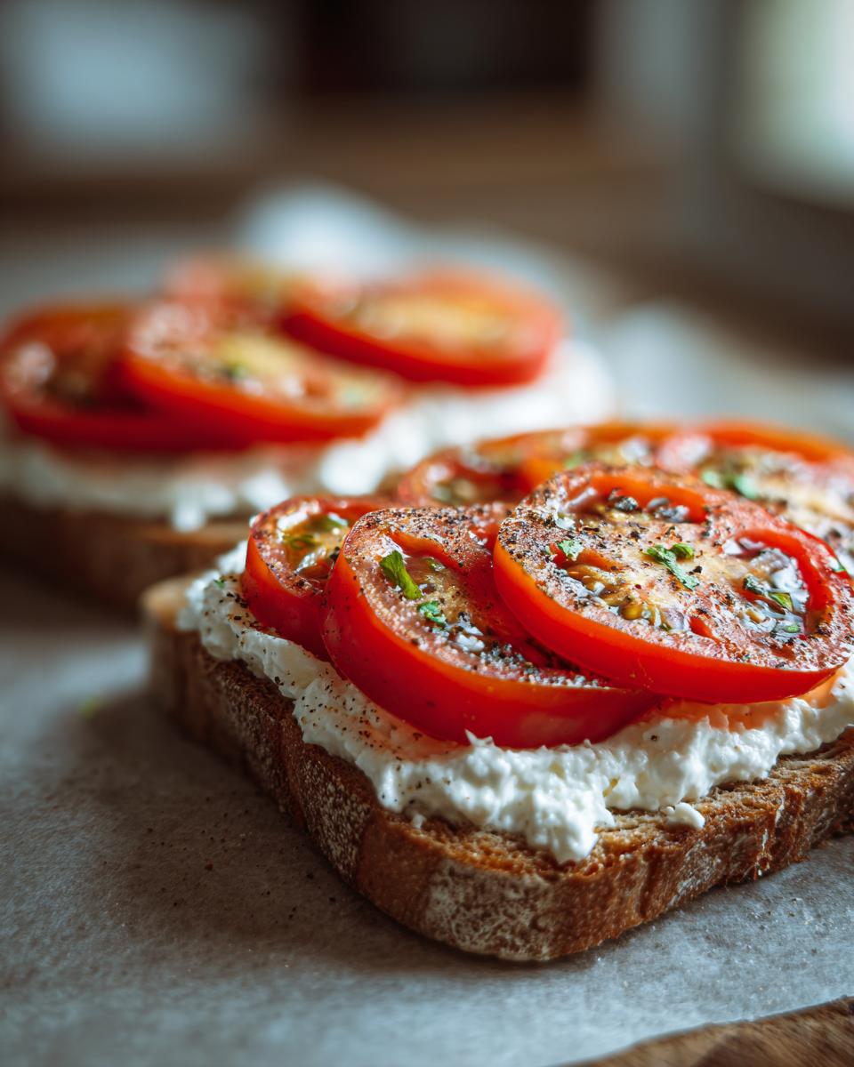 Close-up of healthy cottage cheese toast topped with fresh tomato slices and herbs, a perfect healthy lunch idea.