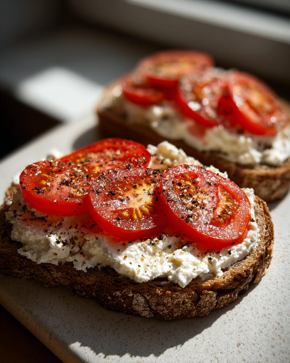 Close-up of cottage cheese toast topped with fresh tomato slices and black pepper, a healthy lunch idea.