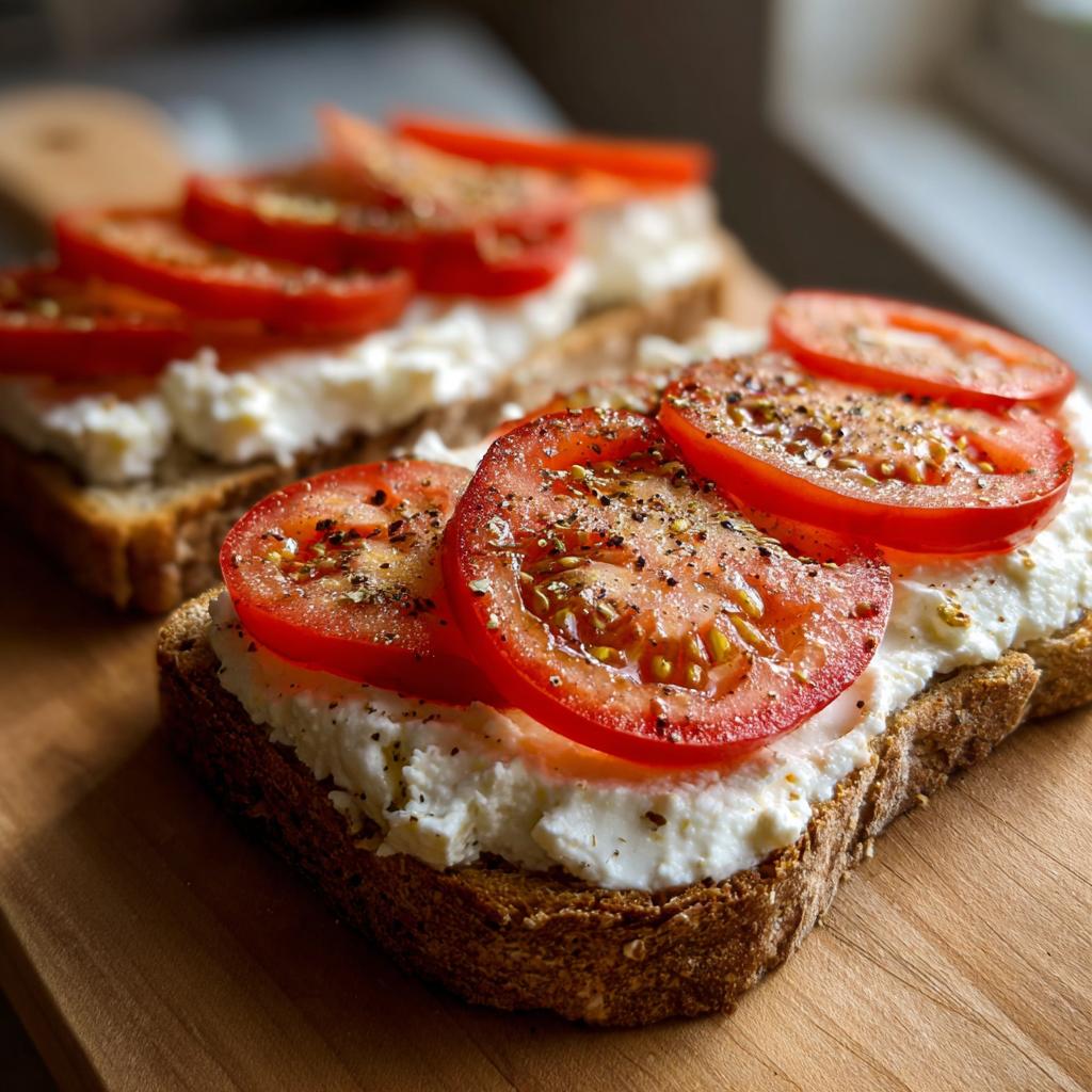 Close-up of cottage cheese toast topped with fresh tomato slices and seasonings, a perfect healthy lunch idea.