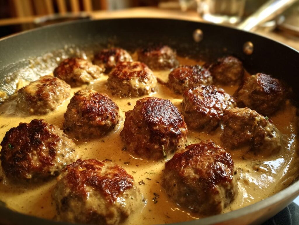 Close-up of delicious Swedish meatballs simmering in a creamy sauce in a skillet.
