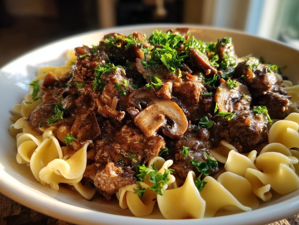 A close-up of a creamy beef stroganoff skillet meal with tender beef, mushrooms, and egg noodles, garnished with fresh parsley.