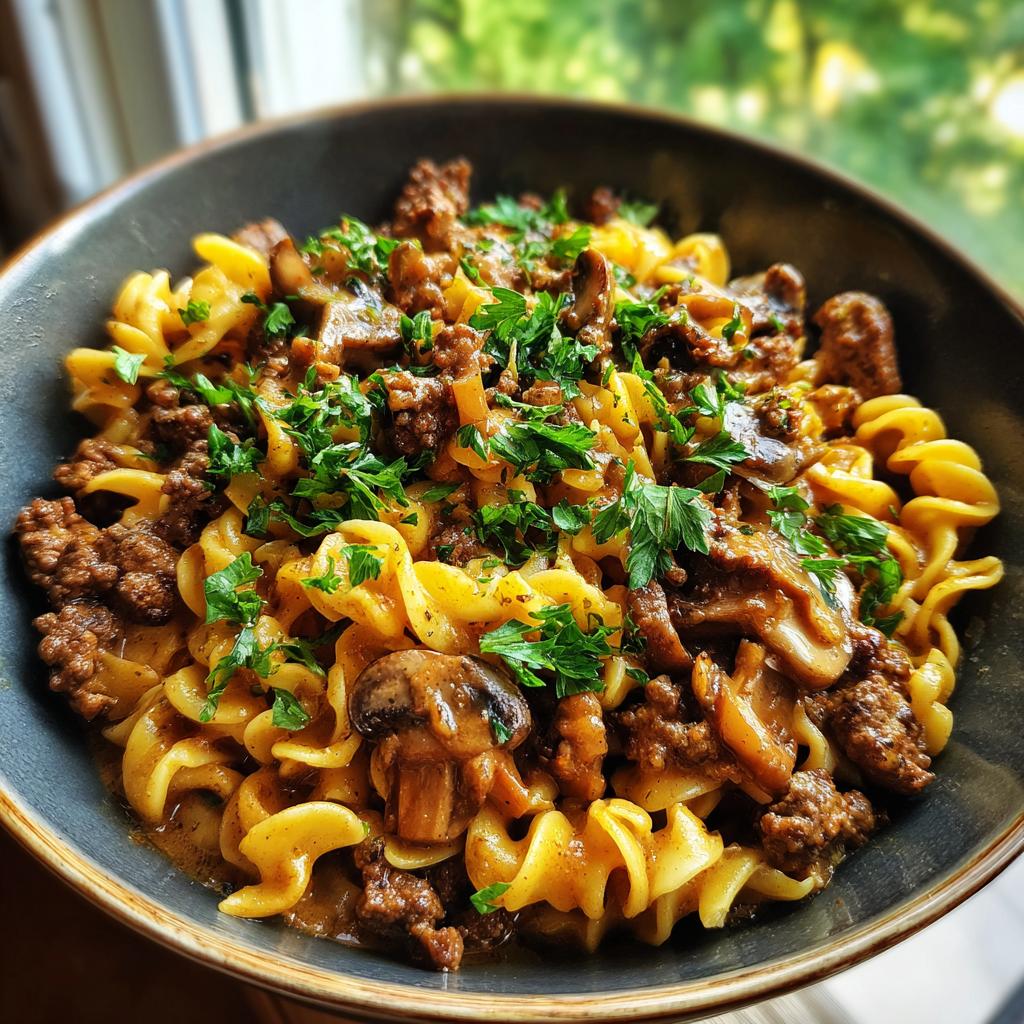 Close-up of a bowl of creamy beef stroganoff with fusilli pasta, mushrooms, and fresh parsley.