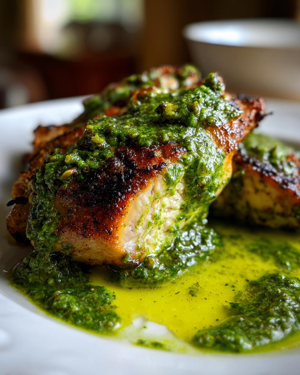 Close-up of juicy chicken breast pieces topped with vibrant green pesto sauce, part of a creamy pesto chicken recipe.