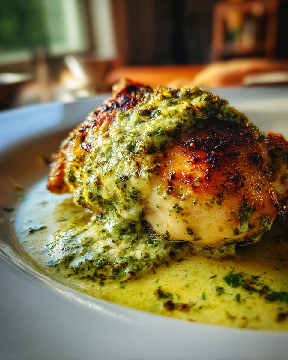 Close-up of a juicy chicken breast coated in creamy pesto sauce, part of a one-pan chicken breast recipe.