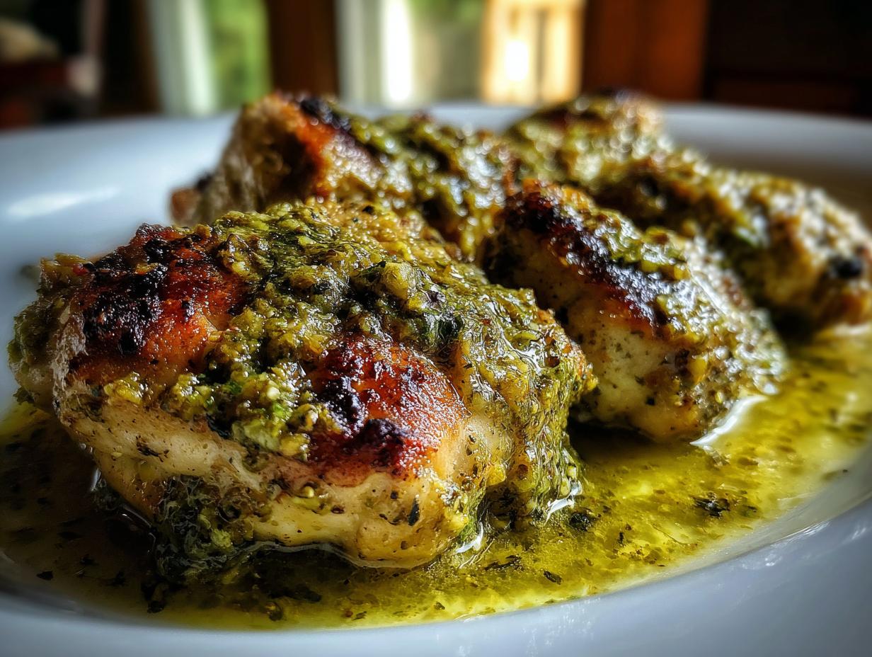 Close-up of pan-seared chicken breast pieces coated in creamy pesto sauce, served on a white plate.
