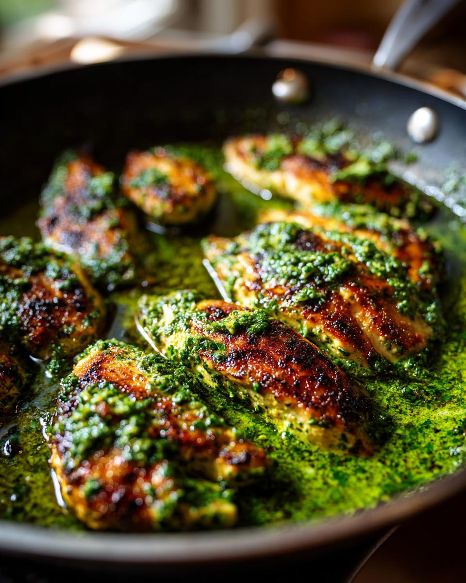 Close-up of pan-seared chicken breast pieces coated in vibrant green pesto sauce.
