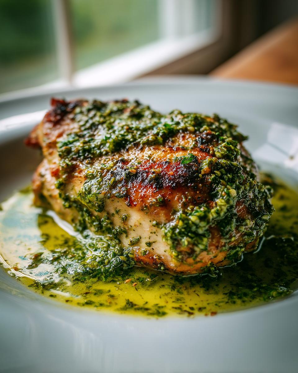 A succulent chicken breast coated in vibrant pesto sauce, served in a rich, buttery sauce.