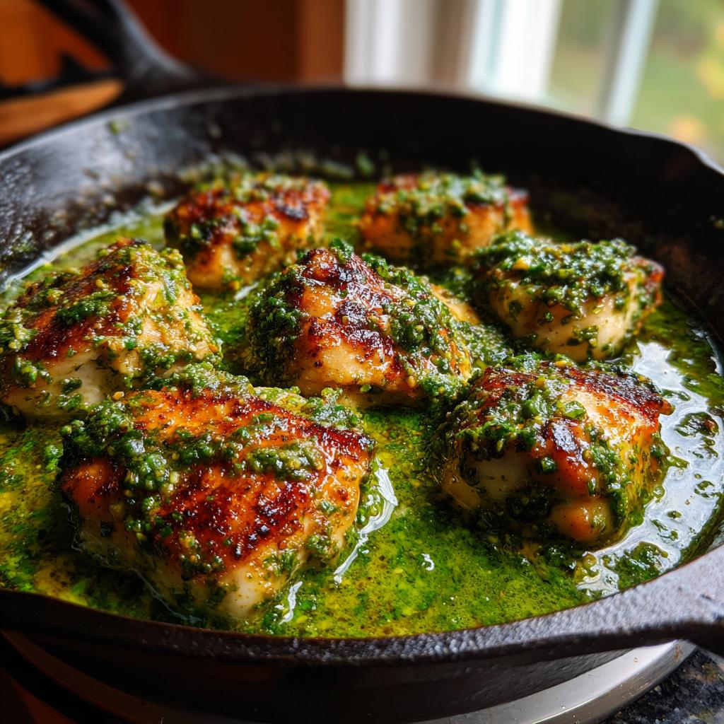 Close-up of pan-seared chicken breast pieces coated in vibrant green pesto sauce.