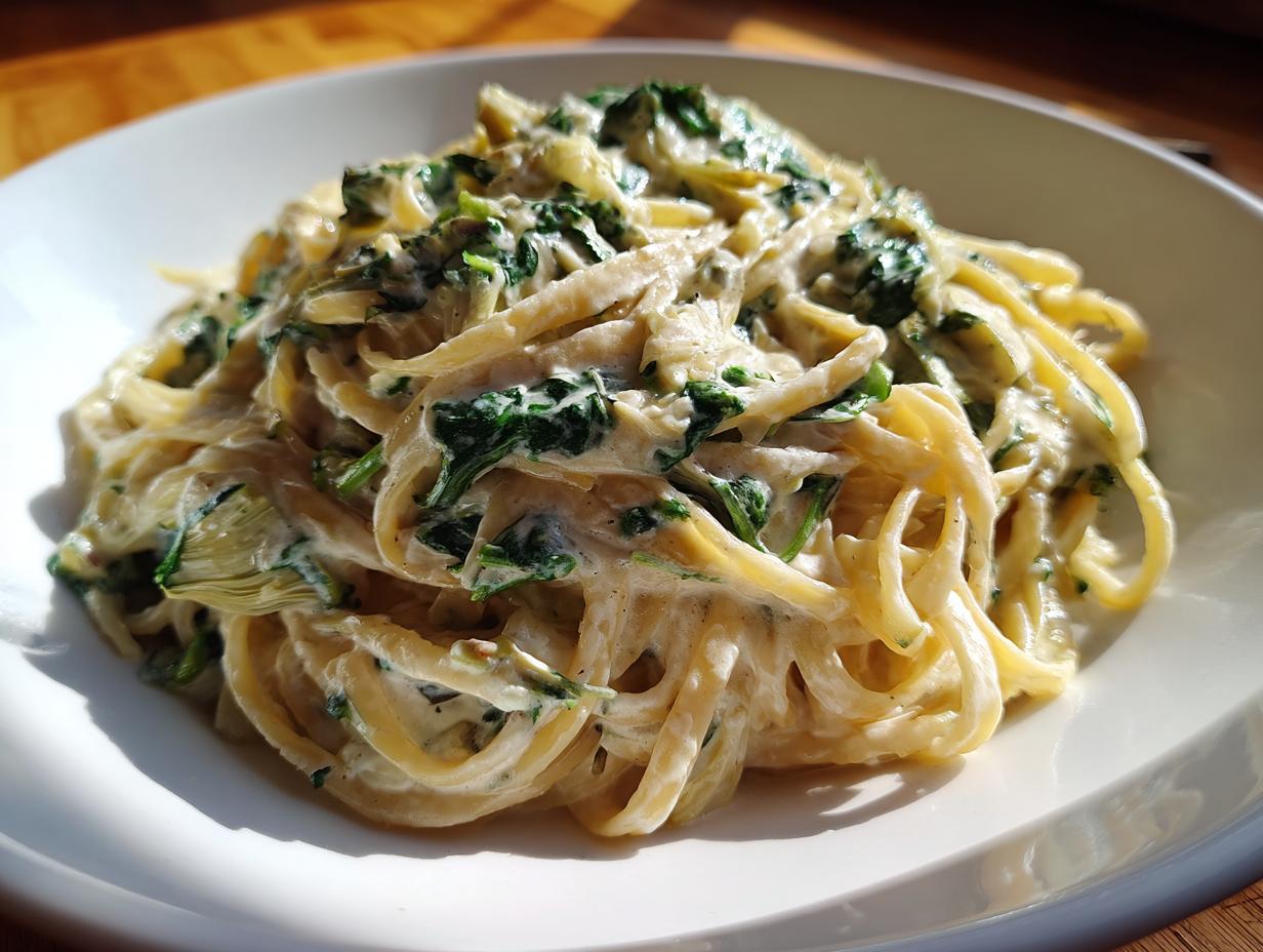 A close-up of creamy spinach artichoke pasta, showcasing the rich sauce and tender pasta strands.