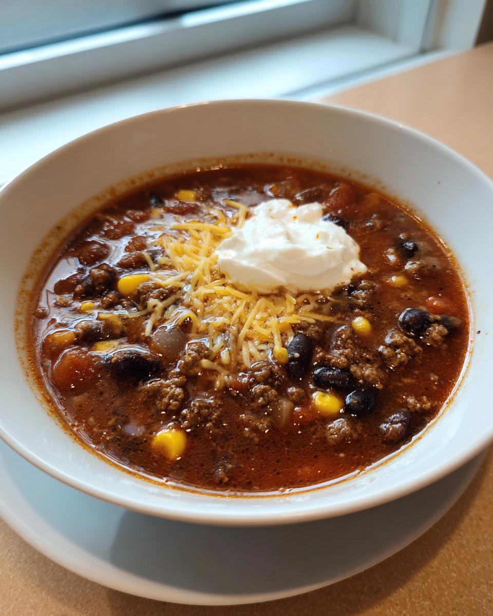 A hearty bowl of Creamy Taco Soup with ground beef, black beans, corn, and topped with shredded cheese and sour cream.