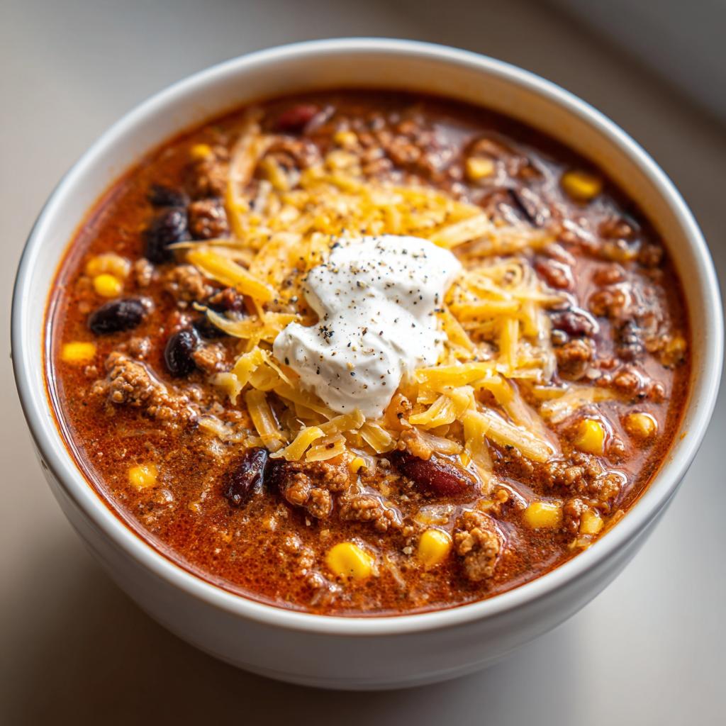 A bowl of creamy taco soup topped with shredded cheese, sour cream, and black pepper.