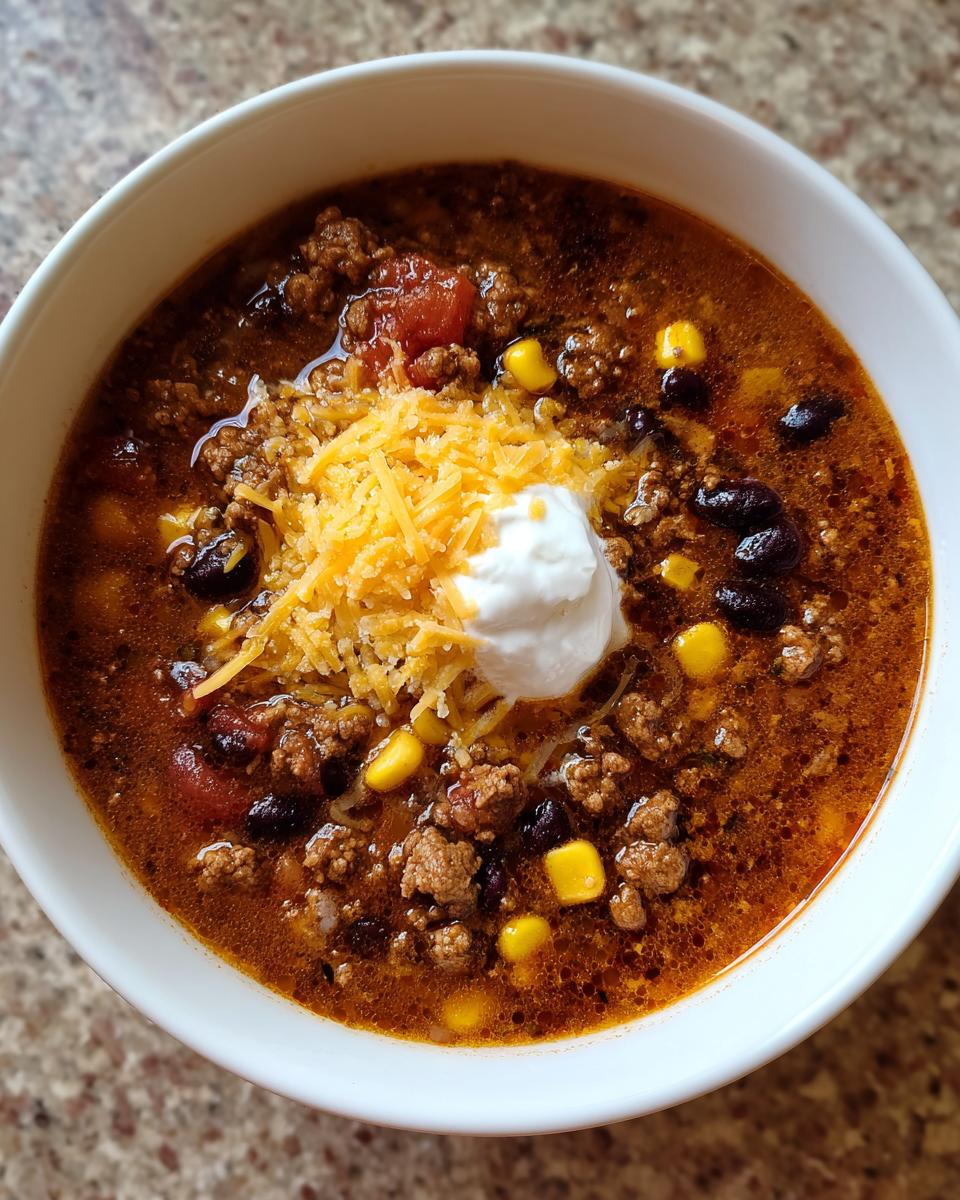 A bowl of creamy taco soup with ground beef, black beans, corn, tomatoes, shredded cheese, and a dollop of sour cream.