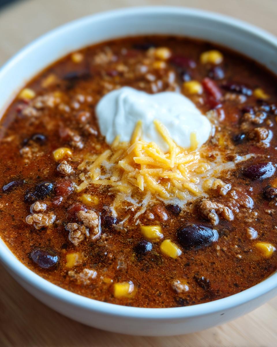 A bowl of delicious Creamy Taco Soup with ground beef, beans, corn, topped with shredded cheese and a dollop of sour cream.