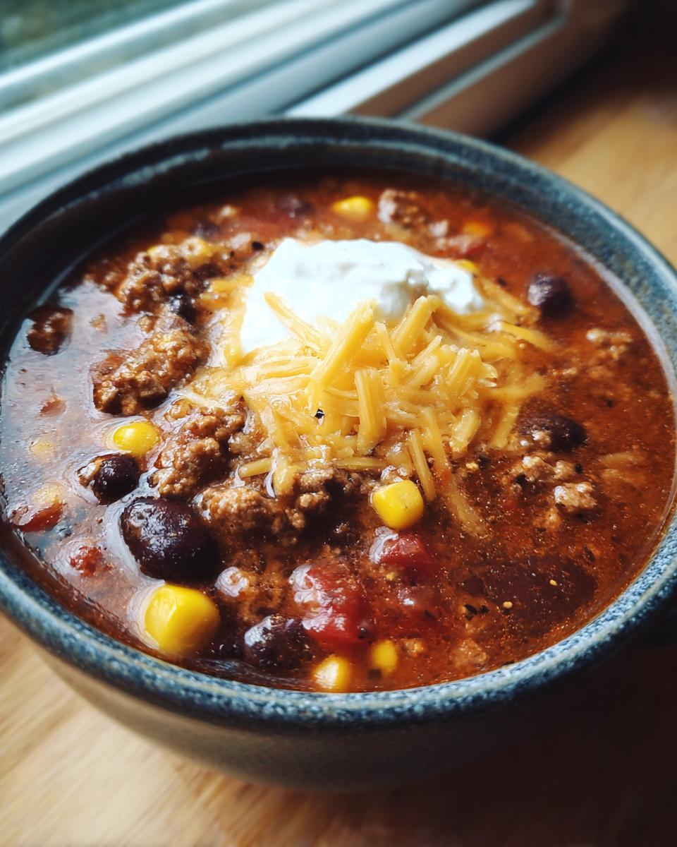 A close-up of a bowl of creamy taco soup with ground beef, black beans, corn, shredded cheese, and a dollop of sour cream.