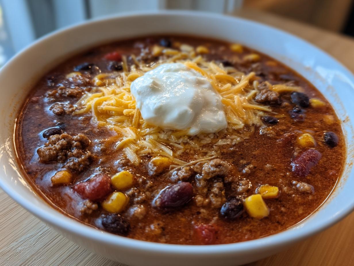 A bowl of creamy taco soup topped with shredded cheese and a dollop of sour cream, featuring ground beef, beans, and corn.